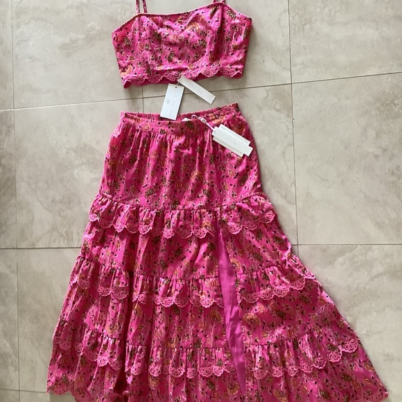 Caroline Constas 2pc Set Crop Spaghetti Top Maxi Skirt Pink Cotton Eyelet Ruffle - Picture 16 of 16